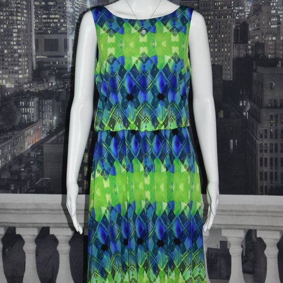 Maggy London size 6 Sleeveless Blue & Green Knee Length Lined Dress - Picture 8 of 10